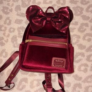 Loungefly Disney maroon velvet and sequin Minnie bow backpack